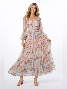 Melonie T Floral Tiered Maxi Dress Petite 14P Blush Blue Romantic Cottagecore